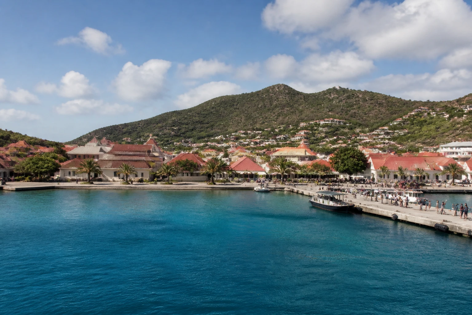 Representative cruise port destination view: Gustavia, France; passenger waterfront and harbor water, not an exact landmark photograph.