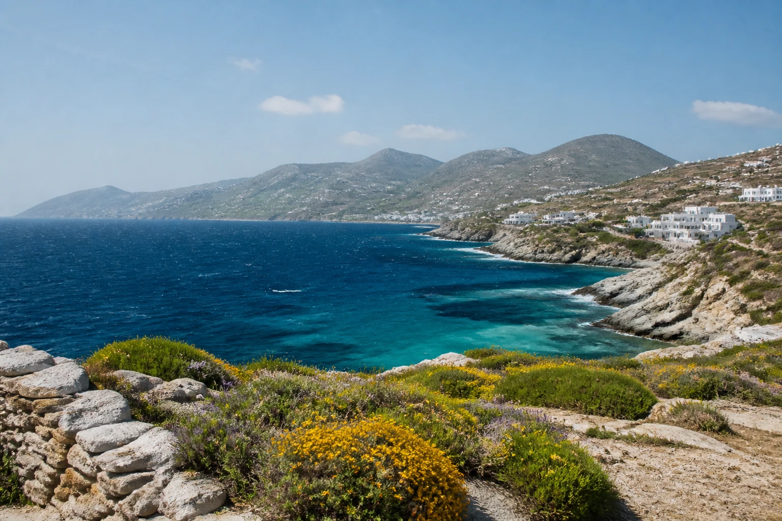 Representative island destination view: Mykonos, Greece; coastline and regional vegetation, not an exact landmark photograph.