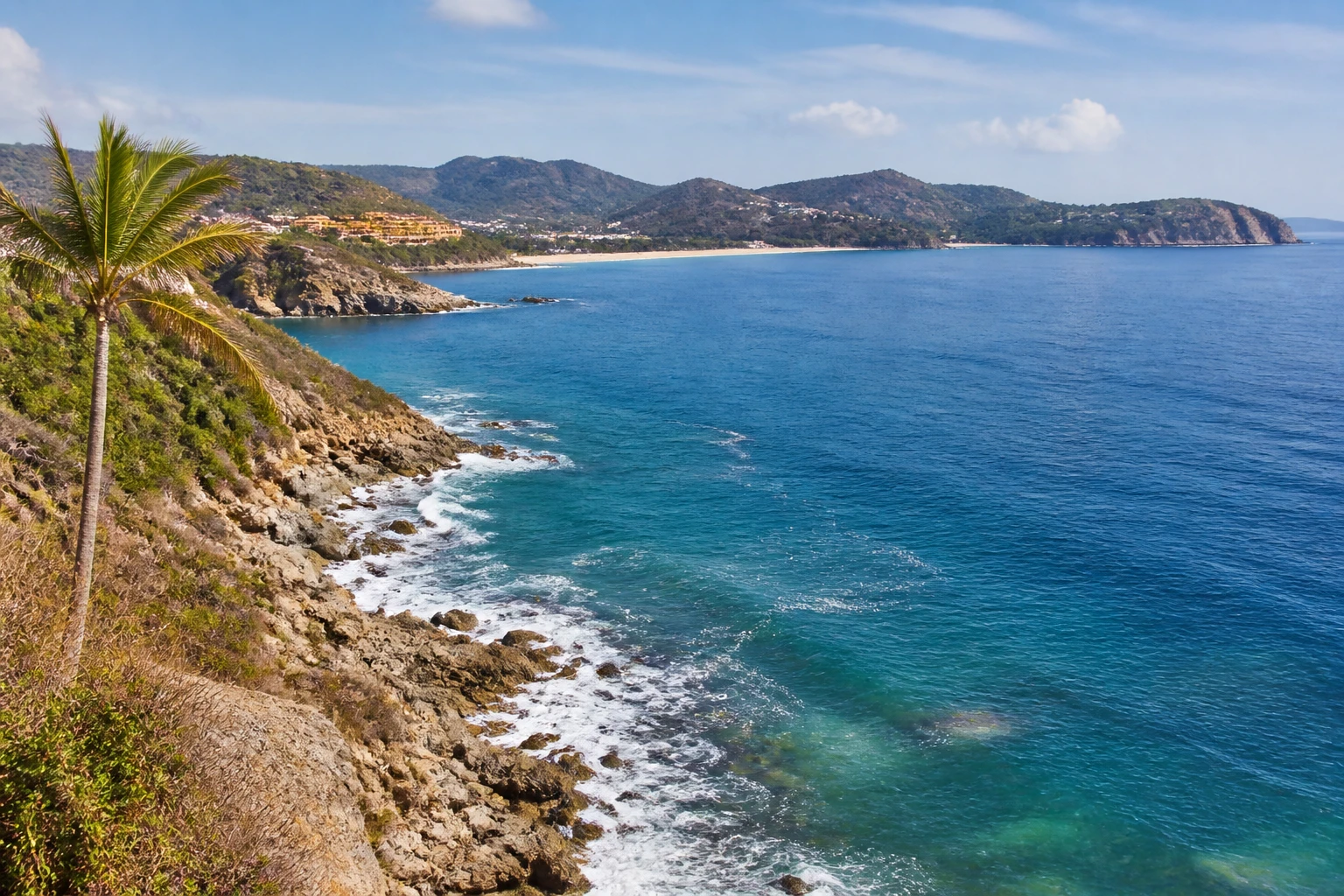 Representative coastal destination view: Ixtapa and Zihuatanejo, Mexico; coastline and regional vegetation, not an exact landmark photograph.