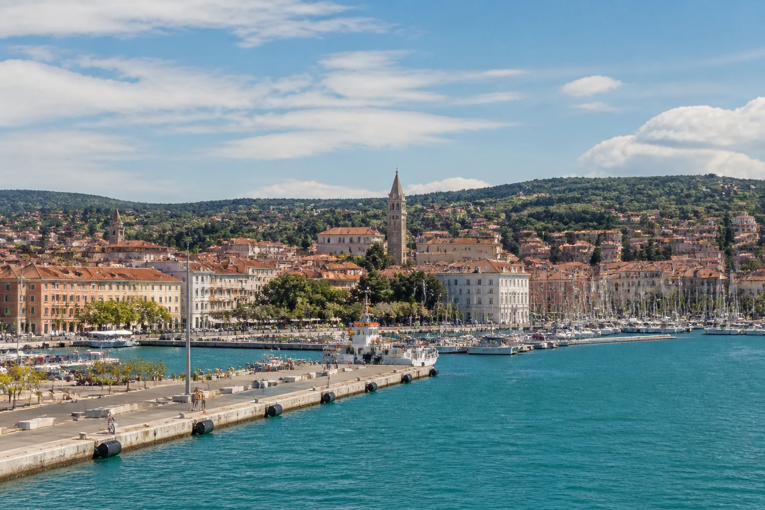Representative cruise port destination view: Koper, Slovenia; passenger waterfront and harbor water, not an exact landmark photograph.