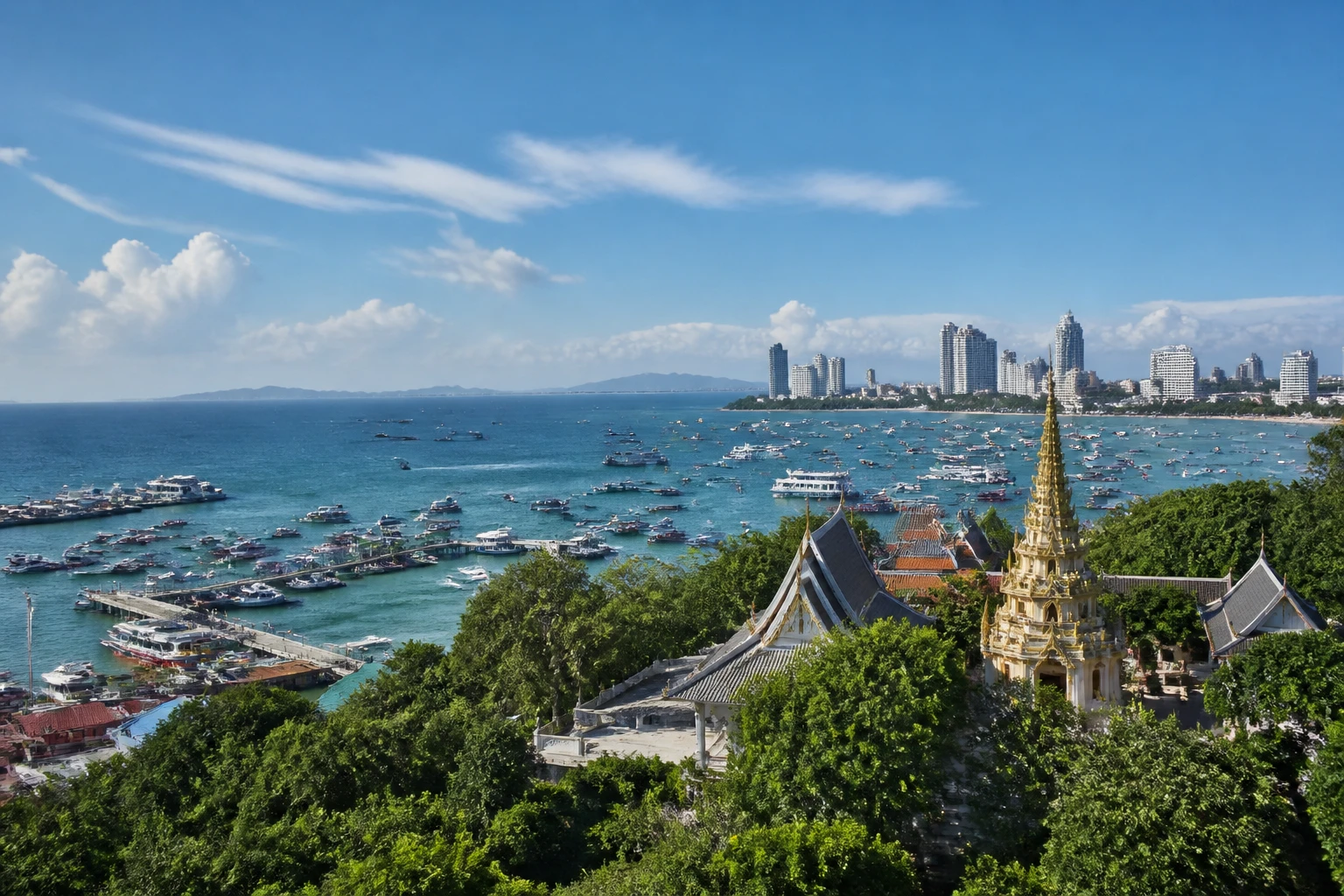 Representative coastal destination view: Pattaya, Thailand; coastline and regional vegetation, not an exact landmark photograph.