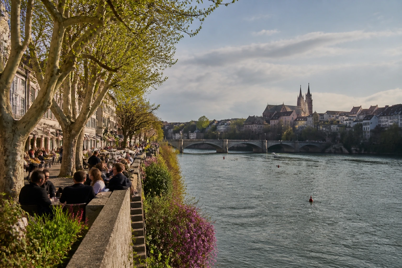 Representative river destination view: Basel, Switzerland; inland water, regional terrain, and vegetation, not an exact landmark photograph.