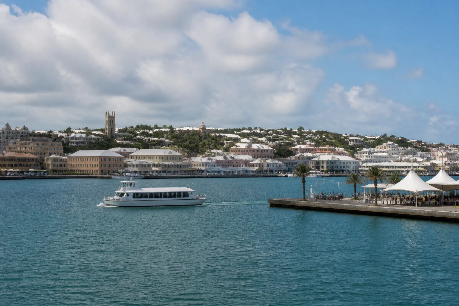 Representative cruise port destination view: Hamilton, Bermuda; passenger waterfront and harbor water, not an exact landmark photograph.