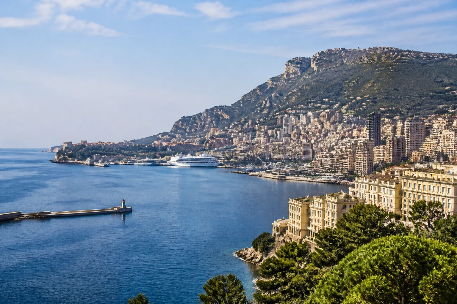 Representative city destination view: Monaco; passenger waterfront and harbor water, not an exact landmark photograph.