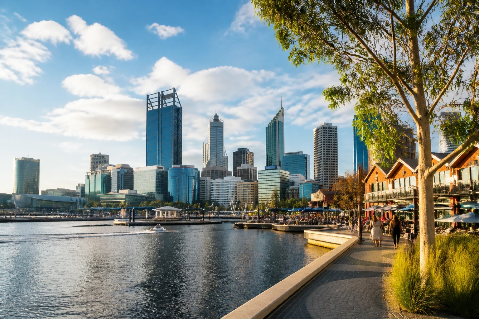 Representative city destination view: Perth, Australia; passenger waterfront and harbor water, not an exact landmark photograph.