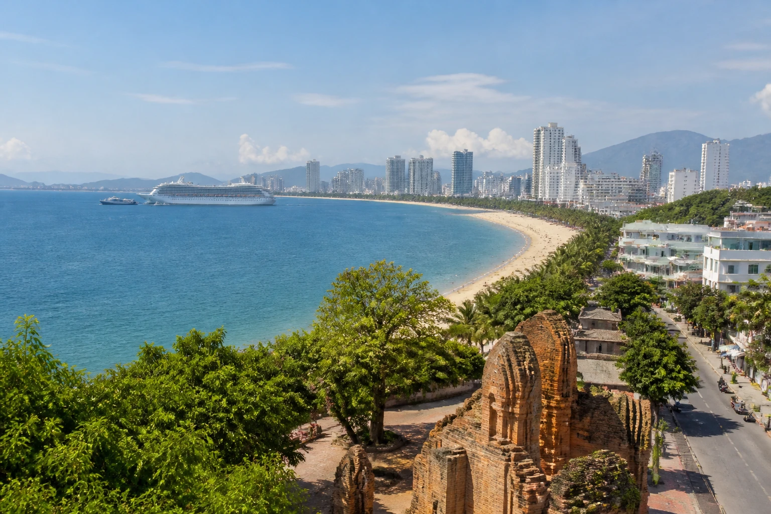 Representative coastal destination view: Nha Trang, Vietnam; coastline and regional vegetation, not an exact landmark photograph.