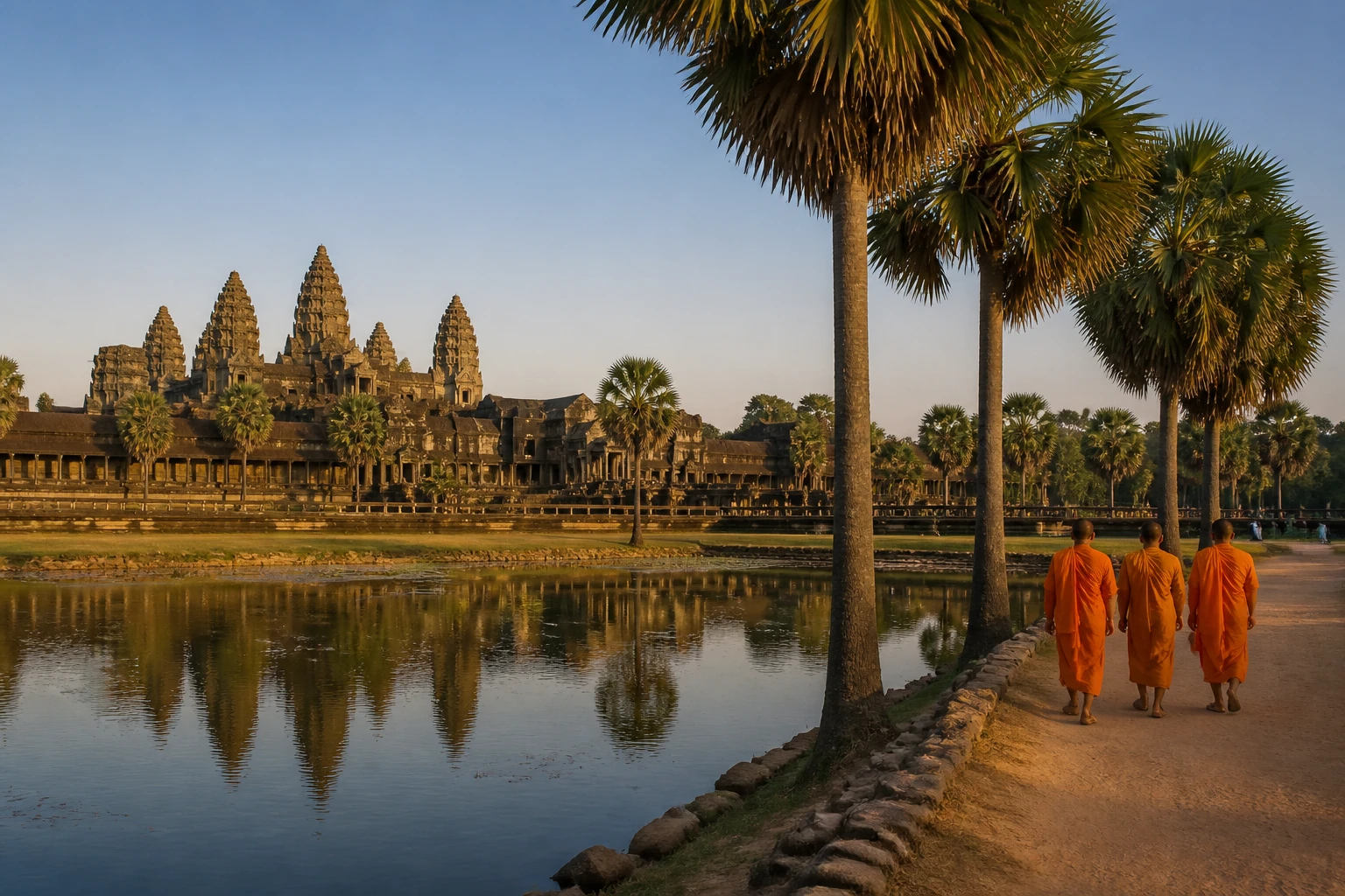 Representative travel destination view: Siem Reap and Angkor, Cambodia; heritage-scale streetscape and regional architecture, not an exact landmark photograph.
