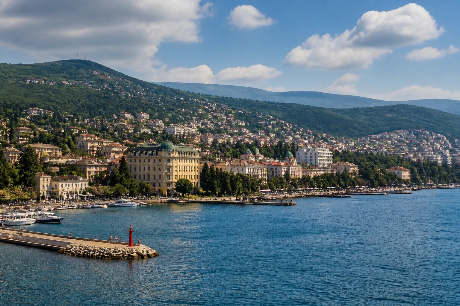 Representative cruise port destination view: Opatija, Croatia; passenger waterfront and harbor water, not an exact landmark photograph.