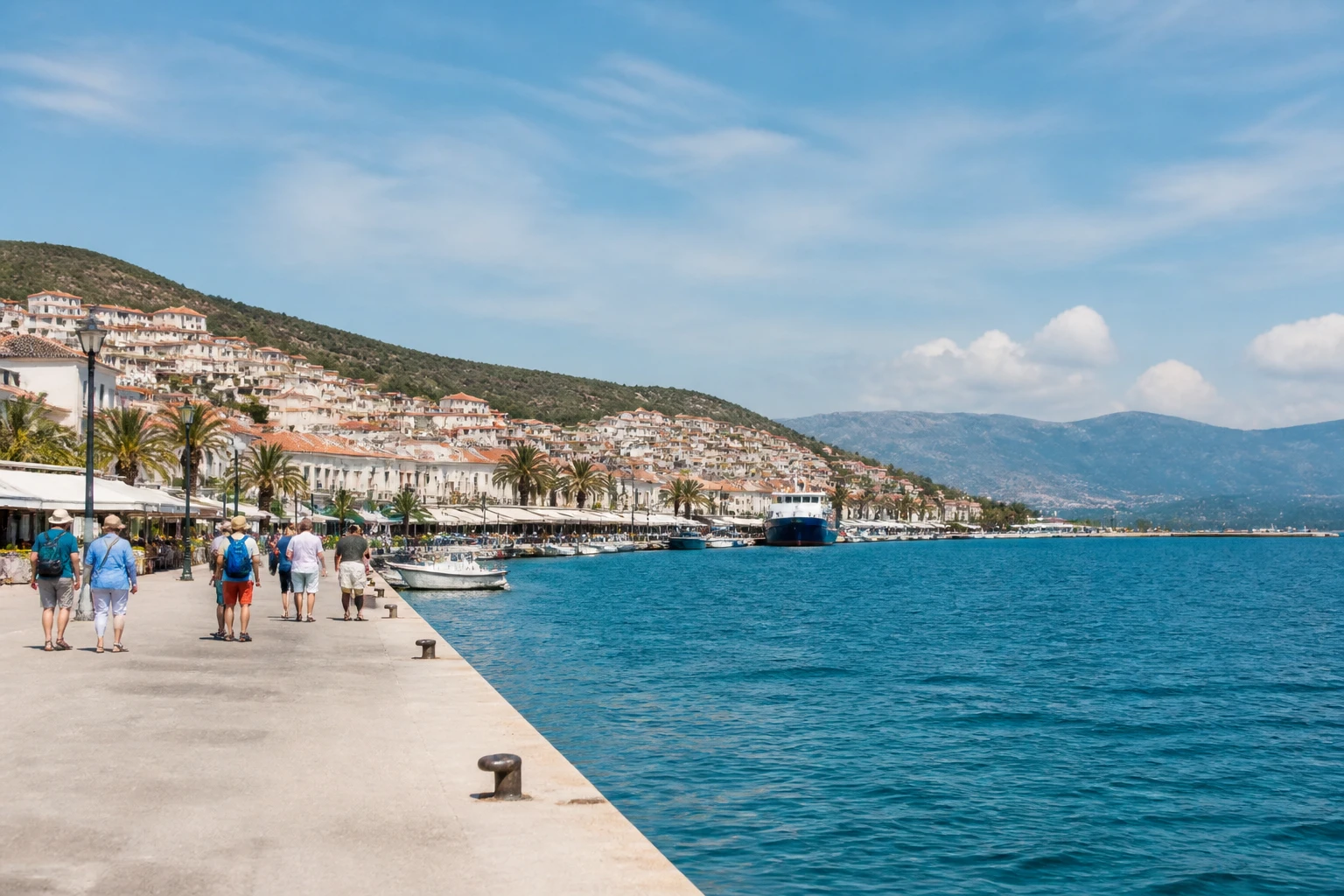 Representative cruise port destination view: Gythion, Greece; passenger waterfront and harbor water, not an exact landmark photograph.