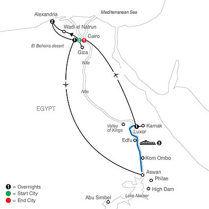 Official Globus route map for Cairo and Alexandria Escape with 3-night Nile Cruise, traveling from Cairo to Cairo