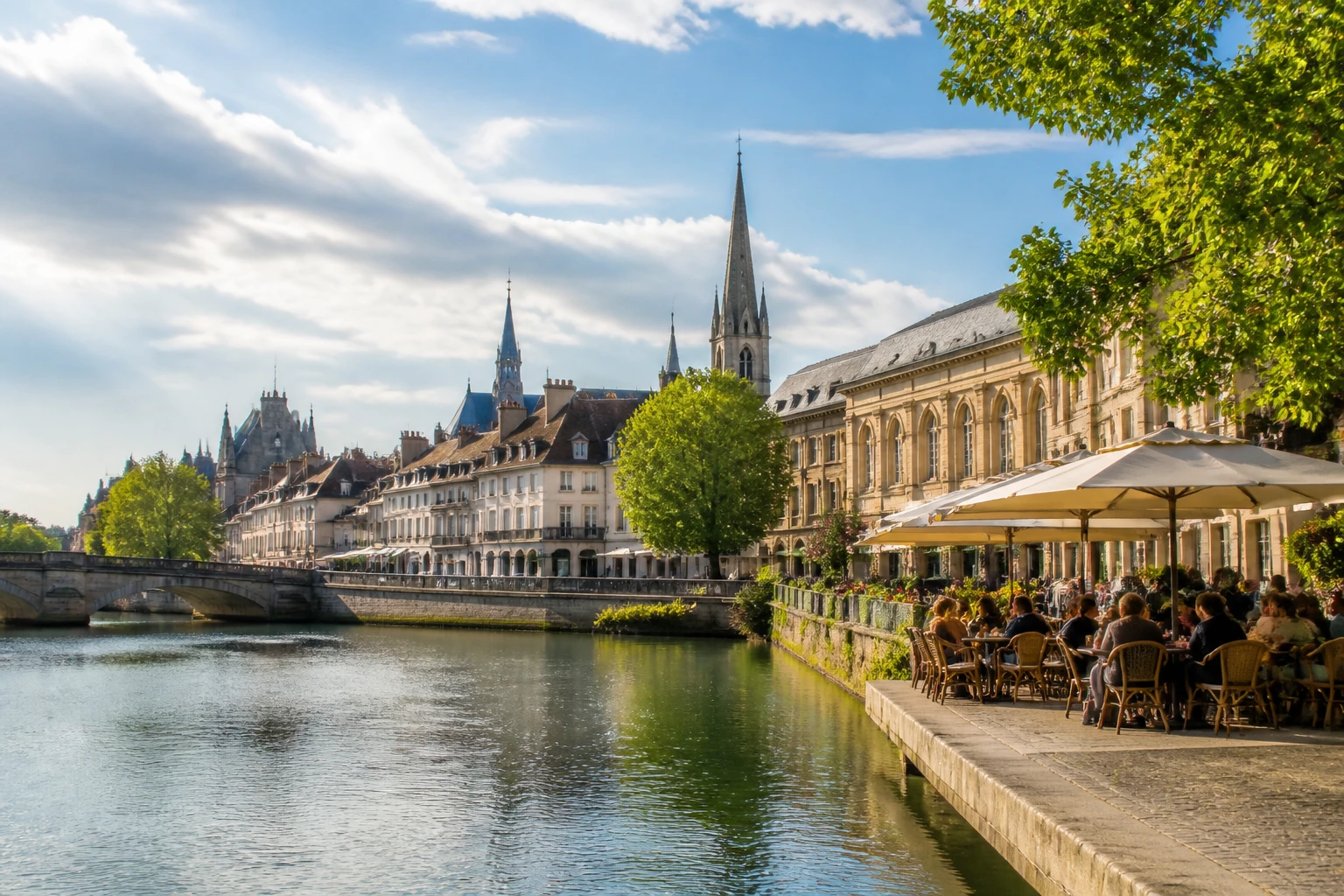 Representative river destination view: Dijon and Burgundy, France; inland water, regional terrain, and vegetation, not an exact landmark photograph.
