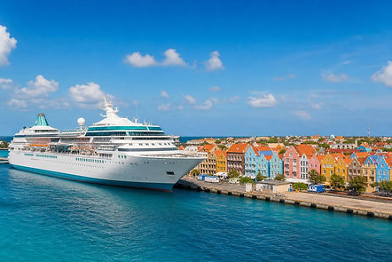 Unbranded cruise ship at Willemstad cruise port near Curaçao's colorful waterfront