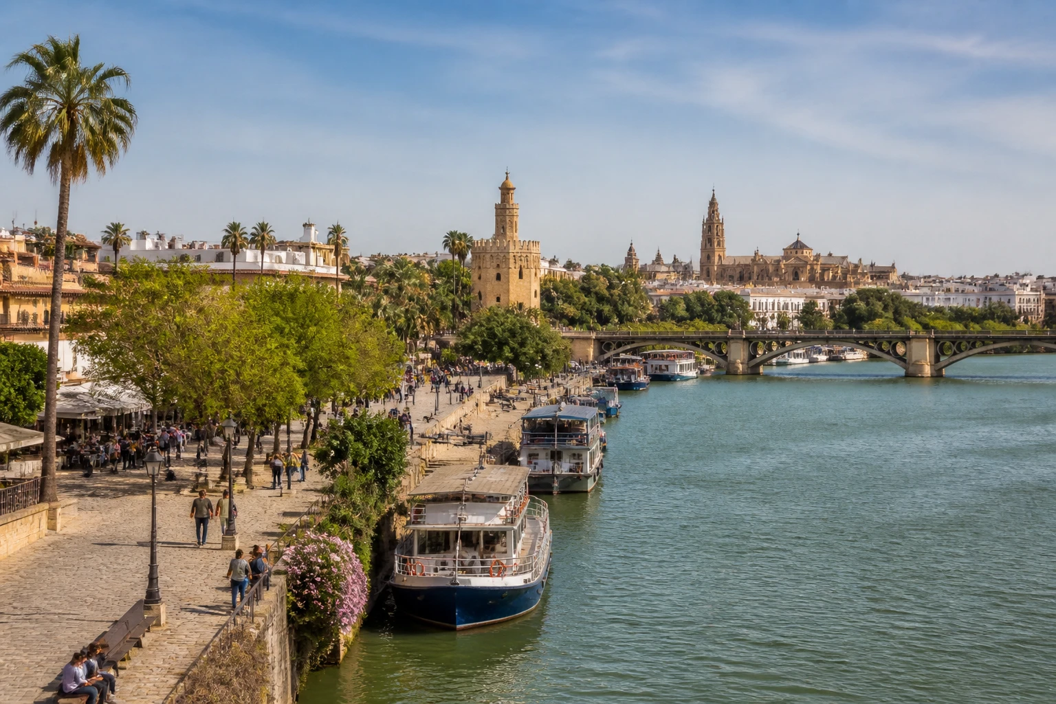 Representative city destination view: Seville, Spain; passenger waterfront and harbor water, not an exact landmark photograph.
