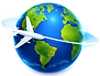 Blue globe with green continents and white aircraft with orbit line circling it.
