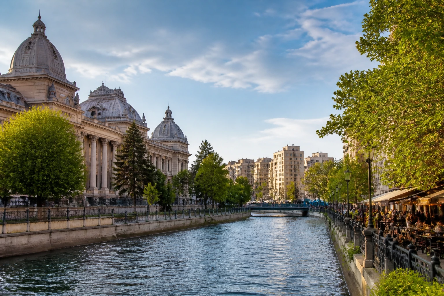 Representative river destination view: Bucharest, Romania; inland water, regional terrain, and vegetation, not an exact landmark photograph.