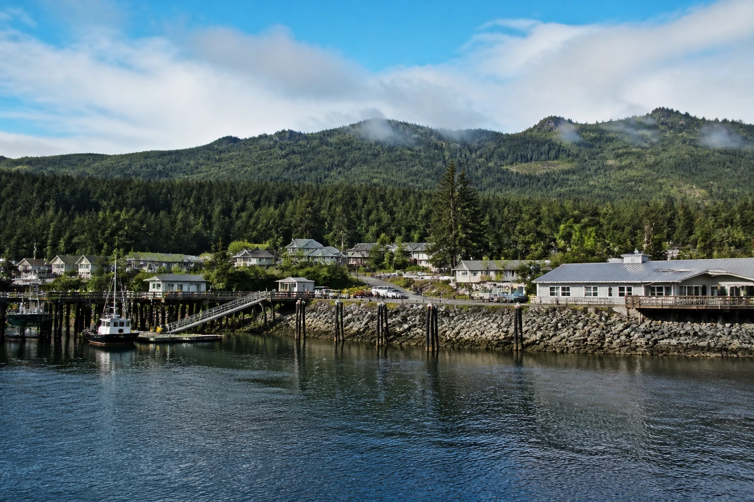 Representative cruise port destination view: Alert Bay, Canada; passenger waterfront and harbor water, not an exact landmark photograph.