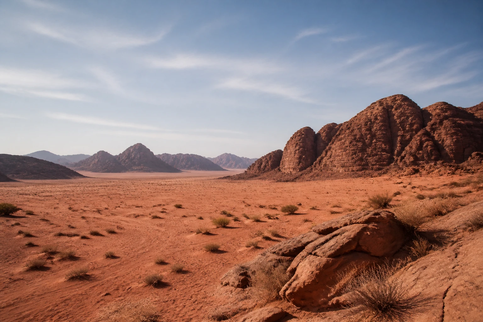 Representative desert destination view of Wadi Rum in Jordan, with desert terrain, sparse vegetation, and open natural light; not an exact landmark photograph.