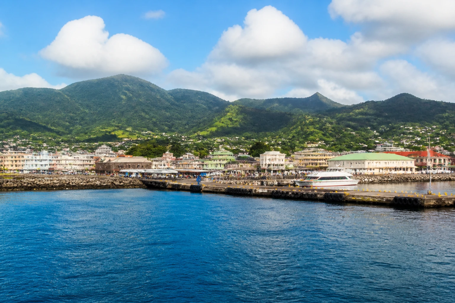 Representative cruise port destination view: Roseau, Dominica; passenger waterfront and harbor water, not an exact landmark photograph.