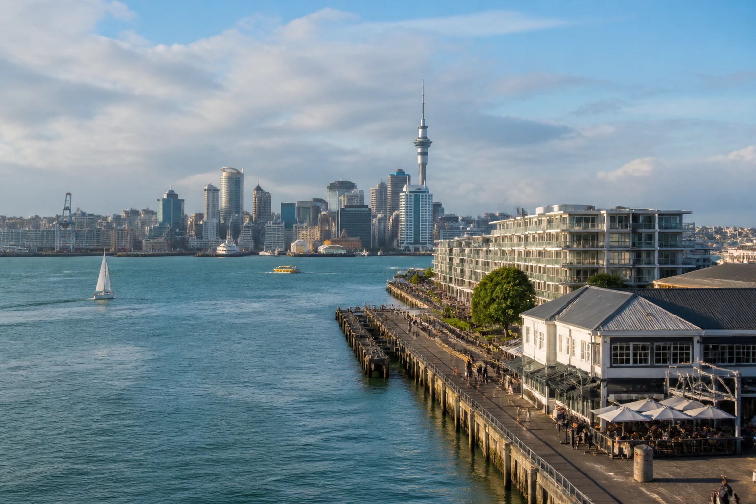 Representative city destination view: Auckland, New Zealand; passenger waterfront and harbor water, not an exact landmark photograph.