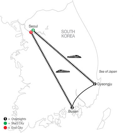 Official Globus route map for Discover South Korea, traveling from Seoul to Seoul