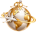 Golden globe with aircraft in orbit, wedding rings at North Pole, Ellie's Worldwide Travel modified Destination Weddings logo