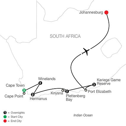Official Globus route map for South Africa: From Wine to Wild, traveling from Cape Town to Johannesburg