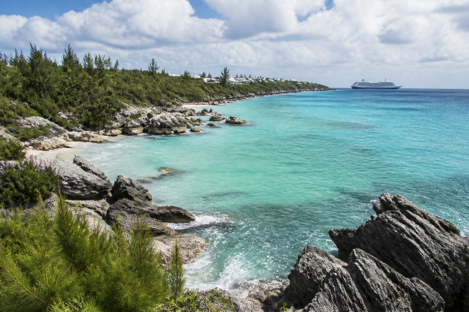 Representative island destination view of Bermuda, with coastline, shoreline geology, regional vegetation, and natural light; not an exact landmark photograph.