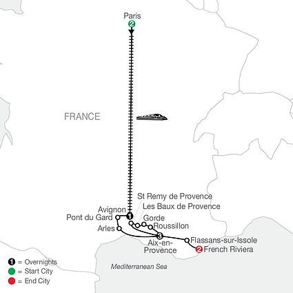 Official Globus route map for Paris and Provence, traveling from Paris to the French Riviera