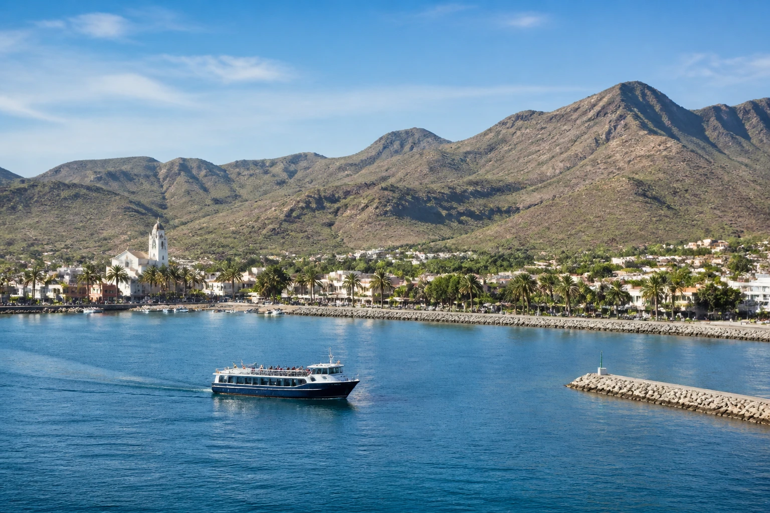 Representative cruise port destination view: Loreto, Mexico; passenger waterfront and harbor water, not an exact landmark photograph.