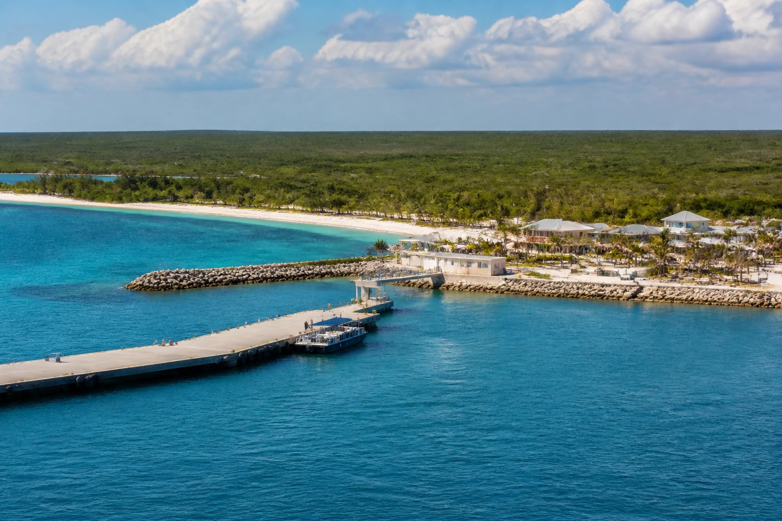 Representative cruise port destination view: Half Moon Cay, Bahamas; passenger waterfront and harbor water, not an exact landmark photograph.