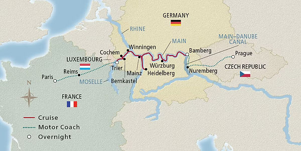 Map of the Viking Christmas on the Main & Moselle itinerary from Paris to Prague