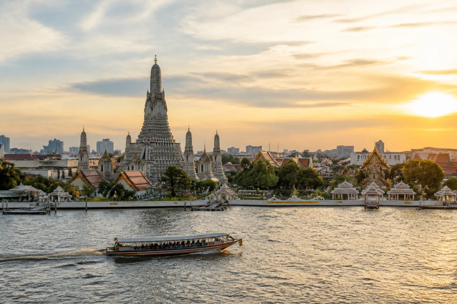 Representative river destination view: Bangkok, Thailand; inland water, regional terrain, and vegetation, not an exact landmark photograph.
