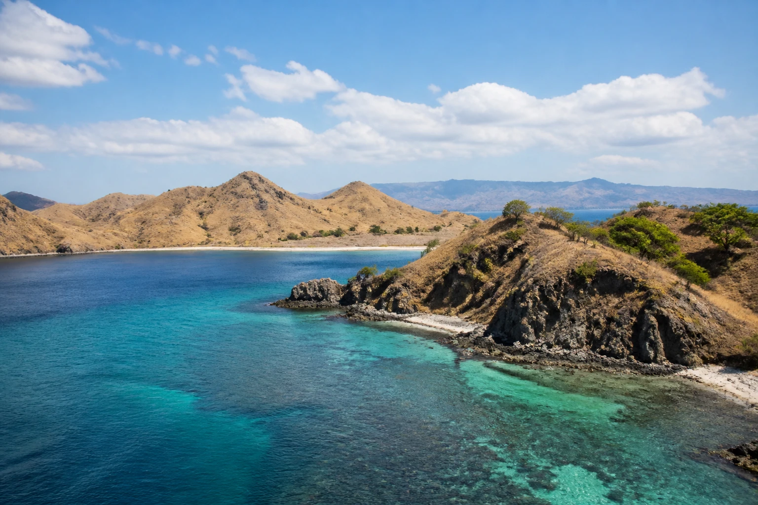 Representative cruise port destination view: Komodo Island, Indonesia; coastline and regional vegetation, not an exact landmark photograph.