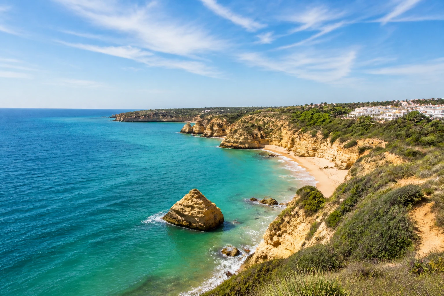 Representative coastal destination view: Algarve, Portugal; coastline and regional vegetation, not an exact landmark photograph.