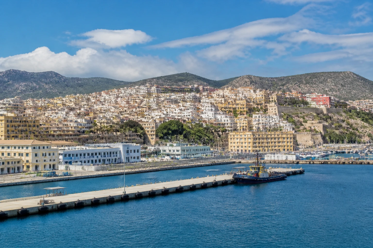 Representative cruise port destination view: Ceuta, Spain; passenger waterfront and harbor water, not an exact landmark photograph.