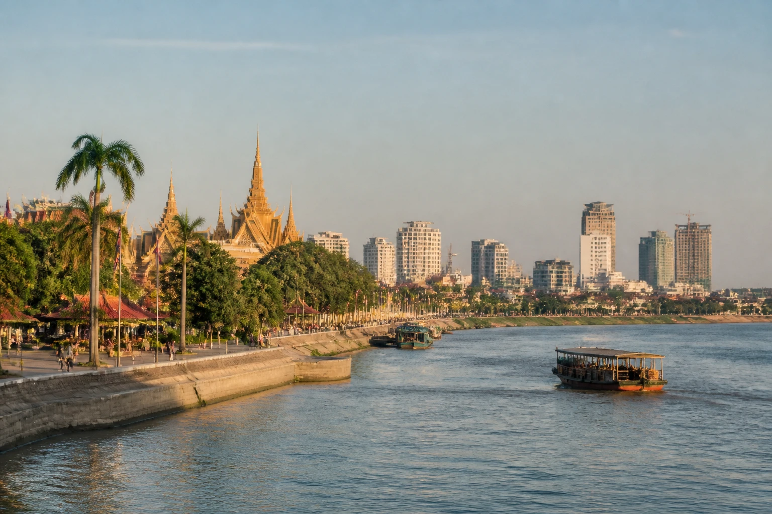 Representative river destination view: Phnom Penh, Cambodia; inland water, regional terrain, and vegetation, not an exact landmark photograph.