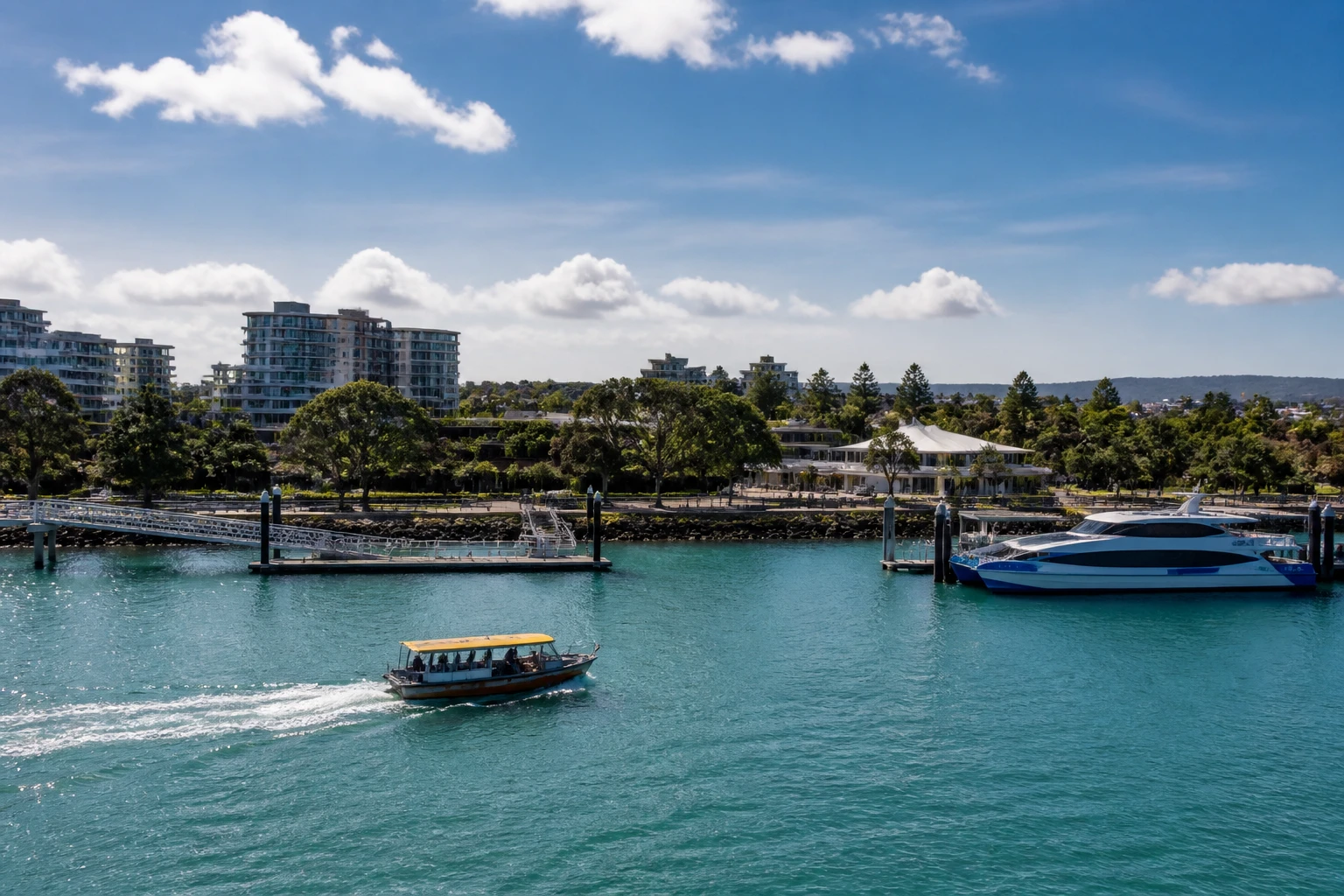 Representative cruise port destination view: Moreton, Australia; passenger waterfront and harbor water, not an exact landmark photograph.
