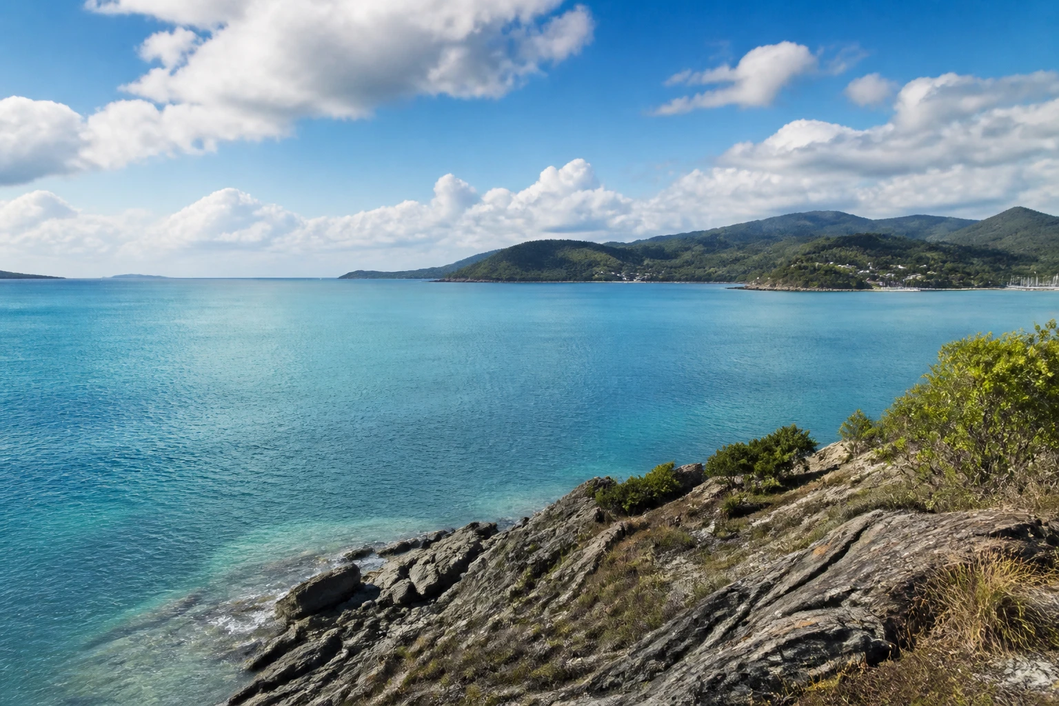 Representative cruise port destination view: Airlie Beach, Australia; coastline and regional vegetation, not an exact landmark photograph.