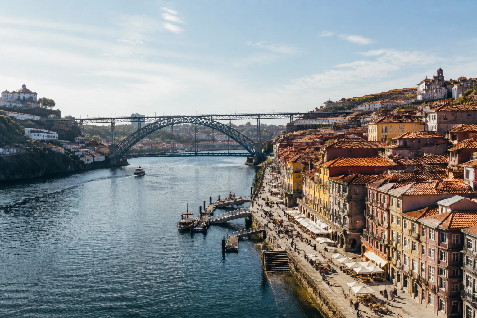 Representative river destination view: Porto, Portugal; inland water, regional terrain, and vegetation, not an exact landmark photograph.