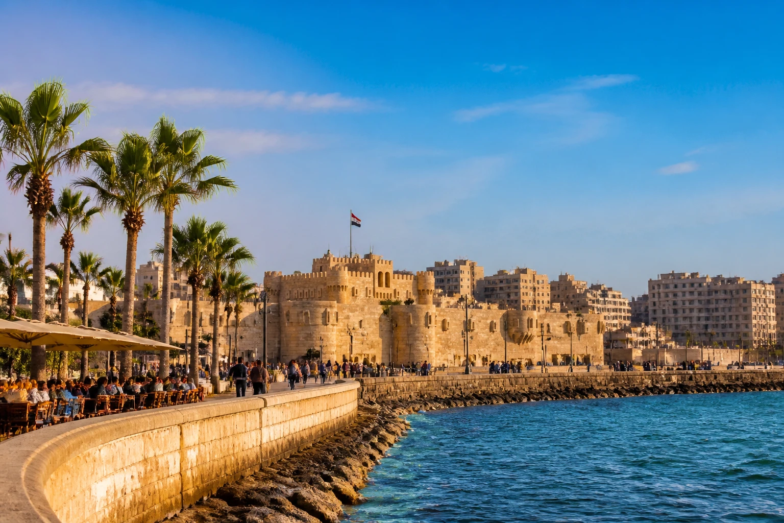 Representative historic city destination view: Alexandria, Egypt; passenger waterfront and harbor water, not an exact landmark photograph.