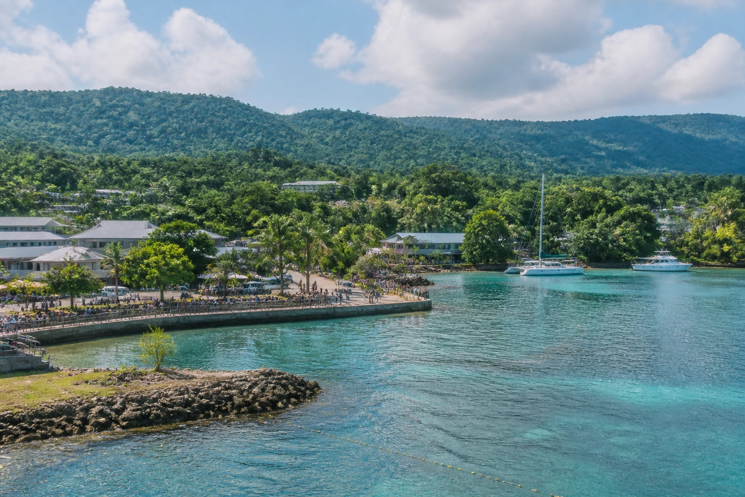 Representative cruise port destination view: Port Antonio, Jamaica; passenger waterfront and harbor water, not an exact landmark photograph.