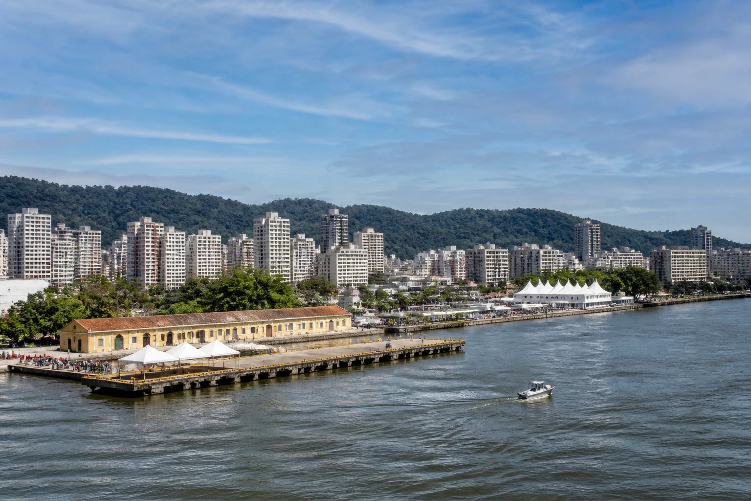 Representative cruise port destination view: Santos, Brazil; passenger waterfront and harbor water, not an exact landmark photograph.