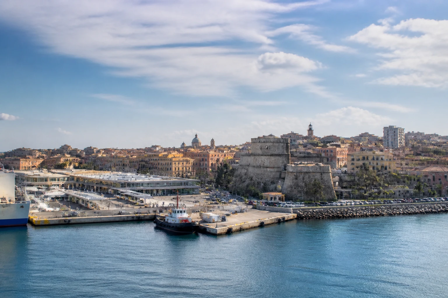 Representative cruise port destination view: Civitavecchia, Italy; passenger waterfront and harbor water, not an exact landmark photograph.
