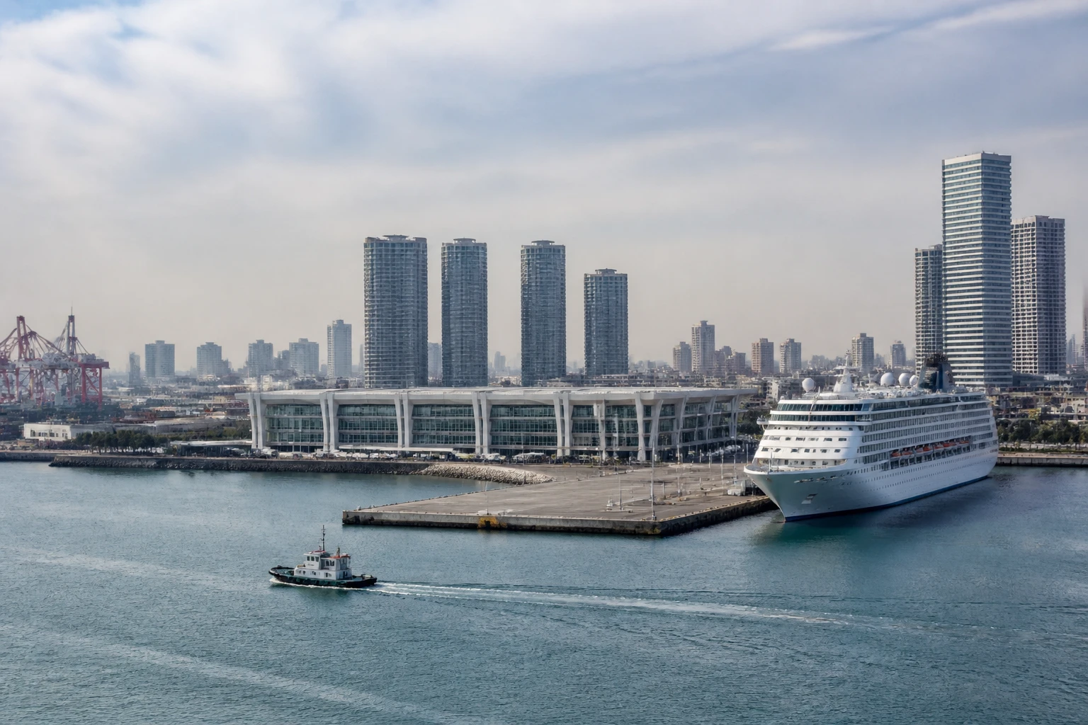 Representative cruise port destination view: Tianjin Xingang, China; passenger waterfront and harbor water, not an exact landmark photograph.