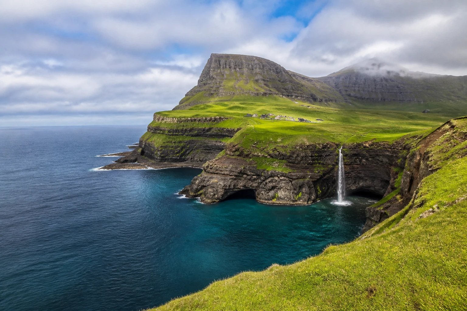 Representative island destination view: Faroe Islands; coastline and regional vegetation, not an exact landmark photograph.