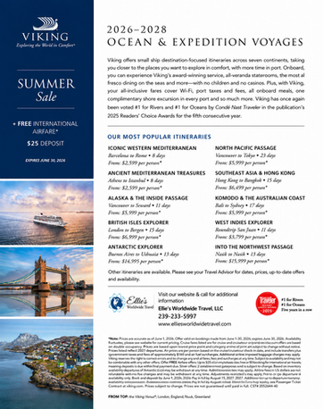 Viking Ocean and Expedition Voyages summer sale flyer featuring 2026–2028 itineraries, free international airfare, and a $25 deposit offer.