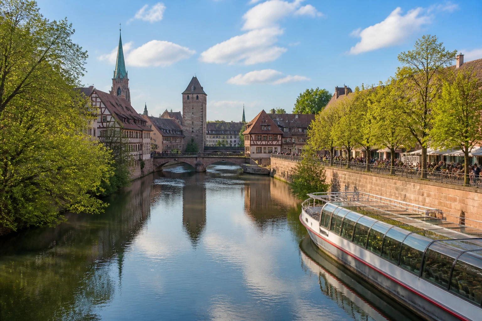 Representative river destination view: Nuremberg, Germany; inland water, regional terrain, and vegetation, not an exact landmark photograph.
