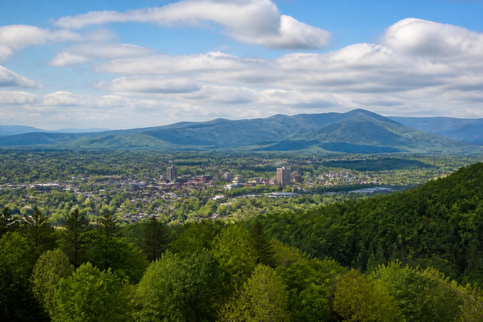 Representative nature destination view: Asheville and Blue Ridge Mountains, United States; regional terrain and vegetation, not an exact landmark photograph.