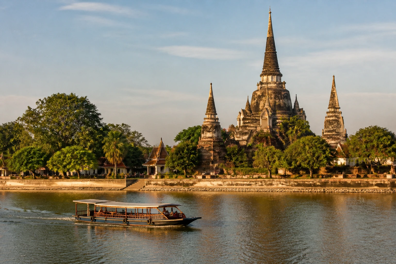 Representative river destination view: Ayutthaya, Thailand; inland water, regional terrain, and vegetation, not an exact landmark photograph.