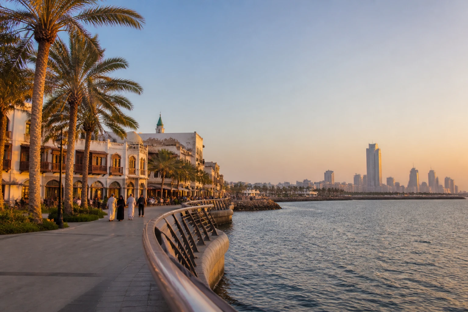 Representative city destination view: Jeddah, Saudi Arabia; passenger waterfront and harbor water, not an exact landmark photograph.